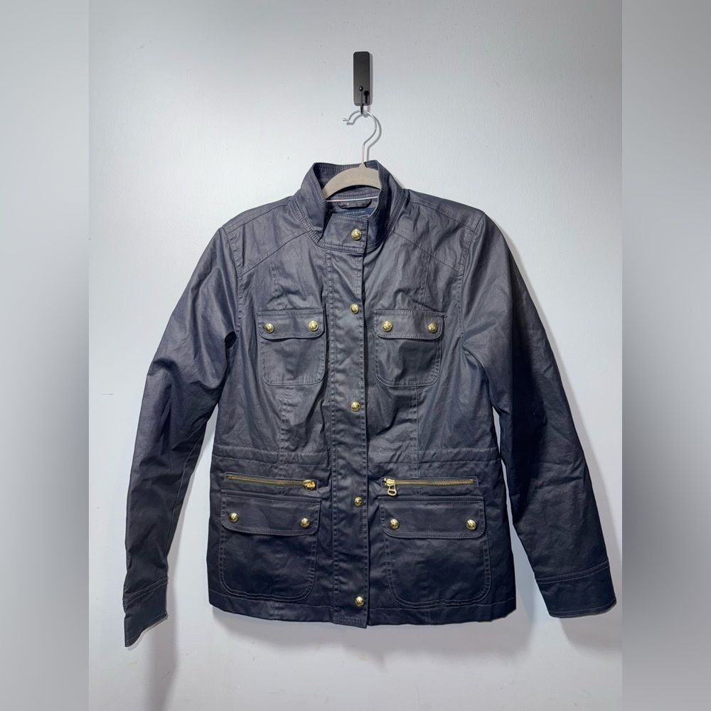TOMMY HILFIGER Womens Rain Coat / Windbreaker Jacket Navy Blue Gold Size M EUC